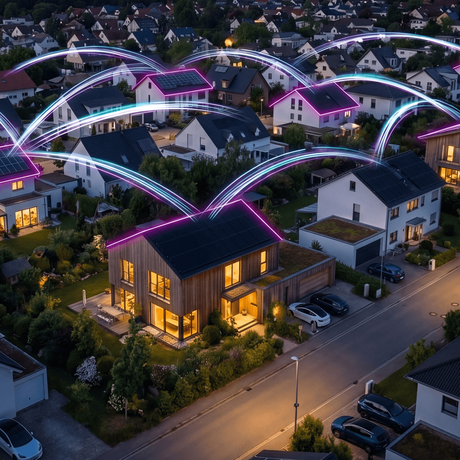 Bild einer Häusersiedlung mit visuell verbindenden, leuchtenden Elementen